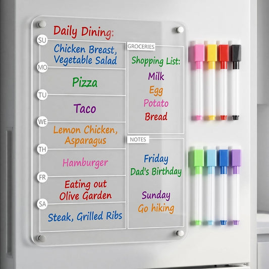 Acrylic Magnetic Weekly Calendar Planner for Fridge - 12"x8" Menu Board with 8 Color Markers, Kitchen Dry Erase Board for Meal Planning, Grocery List for Refrigerator