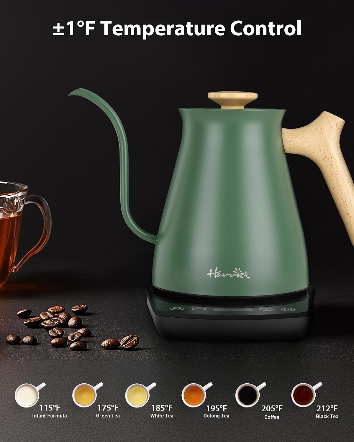 Harriet Gooseneck Electric Kettle for Pour Over Coffee, Variable Temperature, 1200W Fast Boil, Brew Timer, 2-Hour Keep Warm, Stainless Steel Interior, Wooden Handle