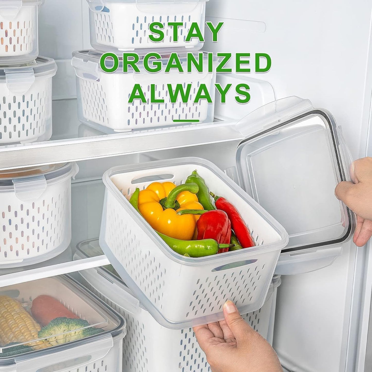 Fruit Storage Containers for Fridge with Removable Colander 10 | Airtight Food Storage Container Dishwasher Safe Produce Saver for Refrigerator Keep Berry Fruit Fresh Longer Large Clear