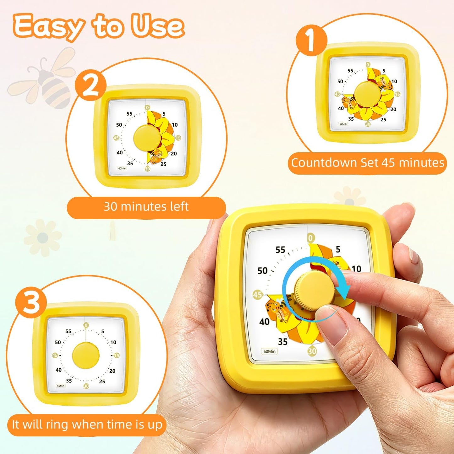 Kids Visual Timer 60 Minute – Countdown Clock for Homework, Kitchen Timer for Cooking, Silent Mini Timer with Cute Mermaid Shell Pattern, Gift Timers for Kids Focus & Daily Routines, Purple