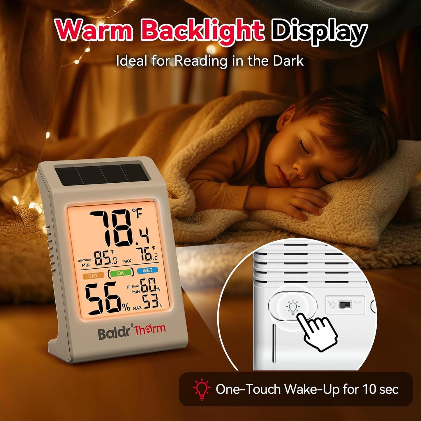 Room Thermometer Indoor, Humidity Meter, 2026 Upgrade Backlit Digital Humidity&Temperature Monitor | Solar Powered | MAX MIN Record | 3.2", for Home, Office, Greenhouse, 1Pack