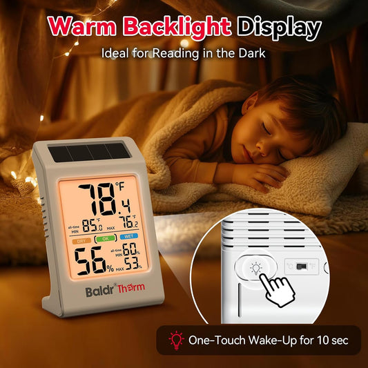 Room Thermometer Indoor, Humidity Meter, 2026 Upgrade Backlit Digital Humidity&Temperature Monitor | Solar Powered | MAX MIN Record | 3.2", for Home, Office, Greenhouse, 1Pack