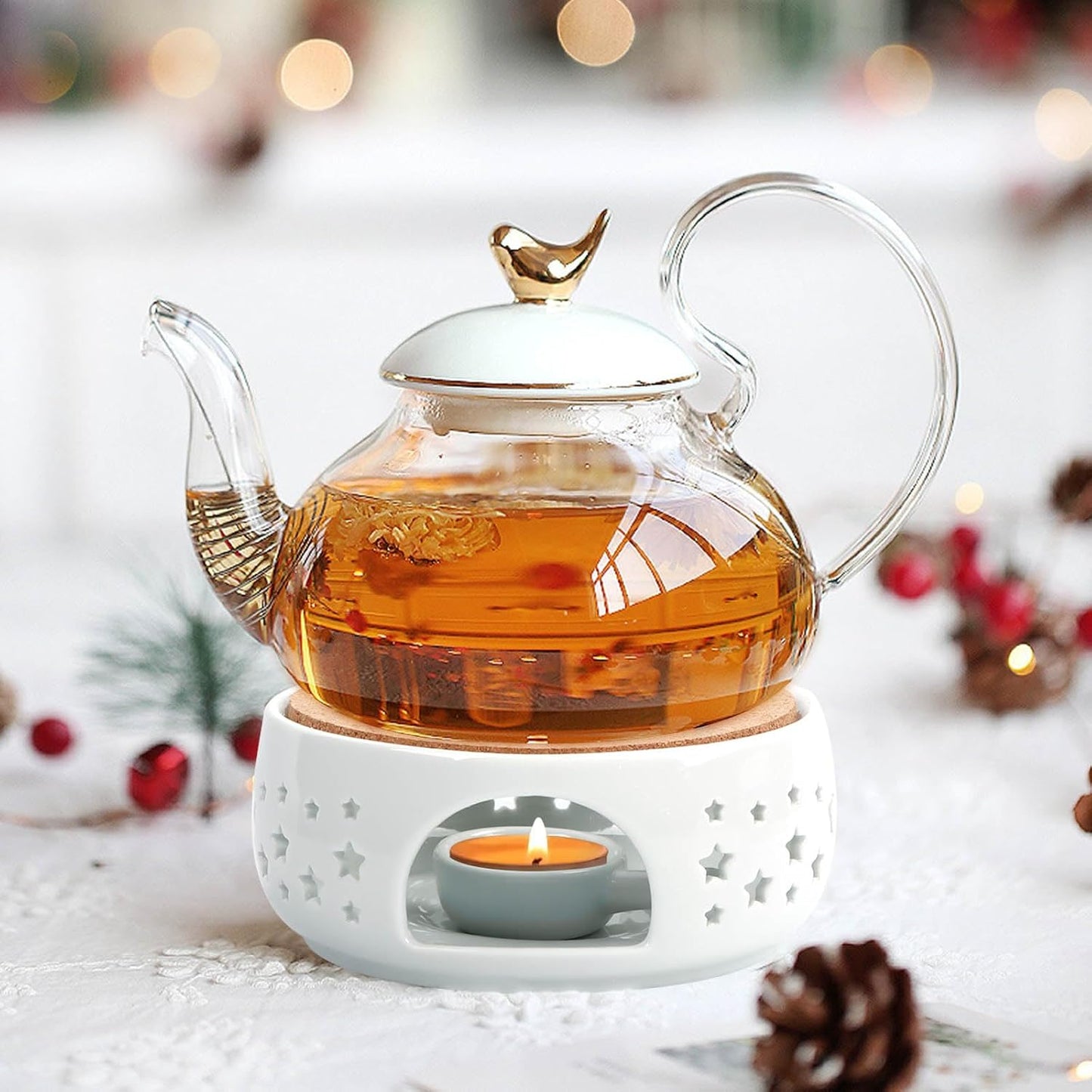 Teapot Warmer, Ceramic Tea Warmer for Teapot, Tealight Warmer with Tealight Holder for Heating Coffee Milk Tea Warmer, Teapot Heater (White)