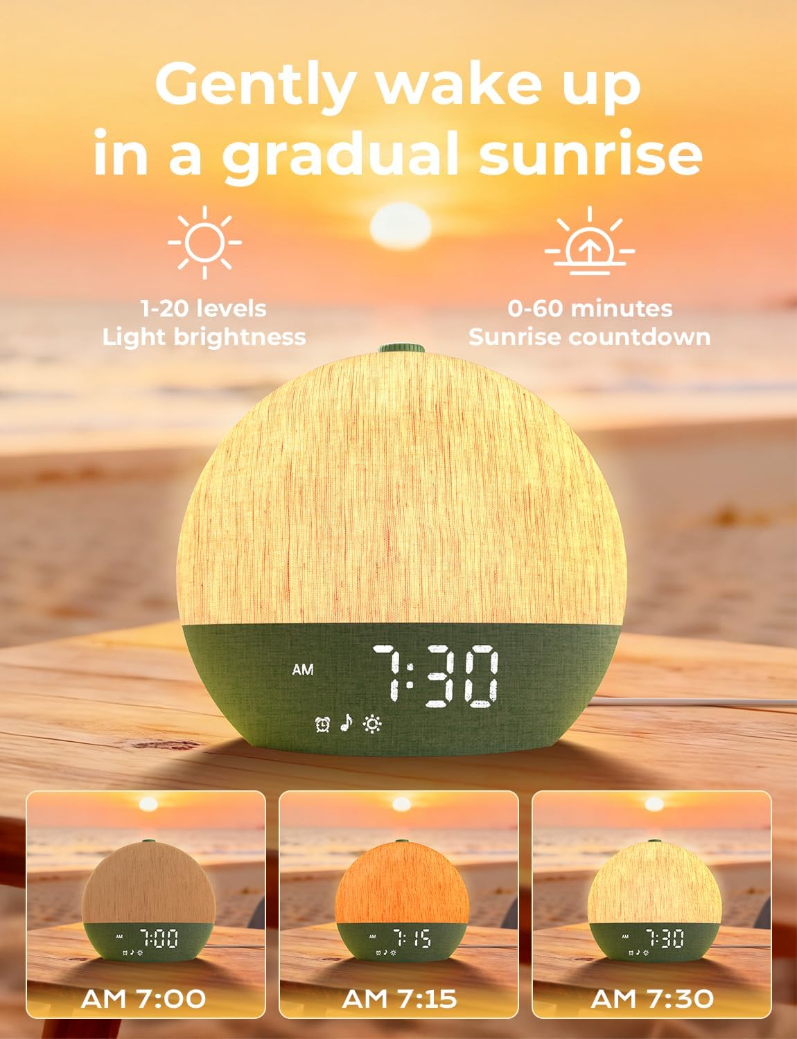LIORQUE Wake Up Light Sunrise Alarm Clock for Bedrooms with BT Speaker