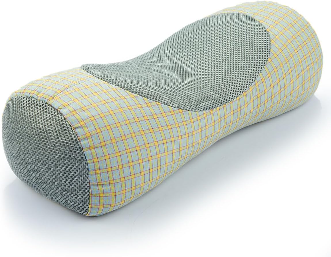 Buckwheat Neck Roll Pillow for Sleeping, 5''x15'' Small Lumbar Roll Pillow for Stiff Pain Relief, Neck Support Back Pain Relax Bolster Pillow with Breathable Plaid Pillow Covers (Blue)