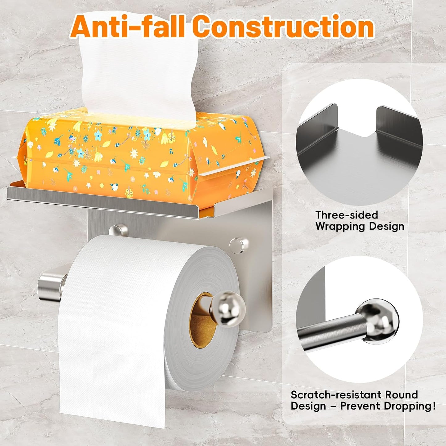 Toilet Paper Holder with Phone Storage Shelf, Matte Black | Wall Mount for Bathroom, No Drill Adhesive or Screw Mount, Rustproof Metal, Fits Mega Rolls