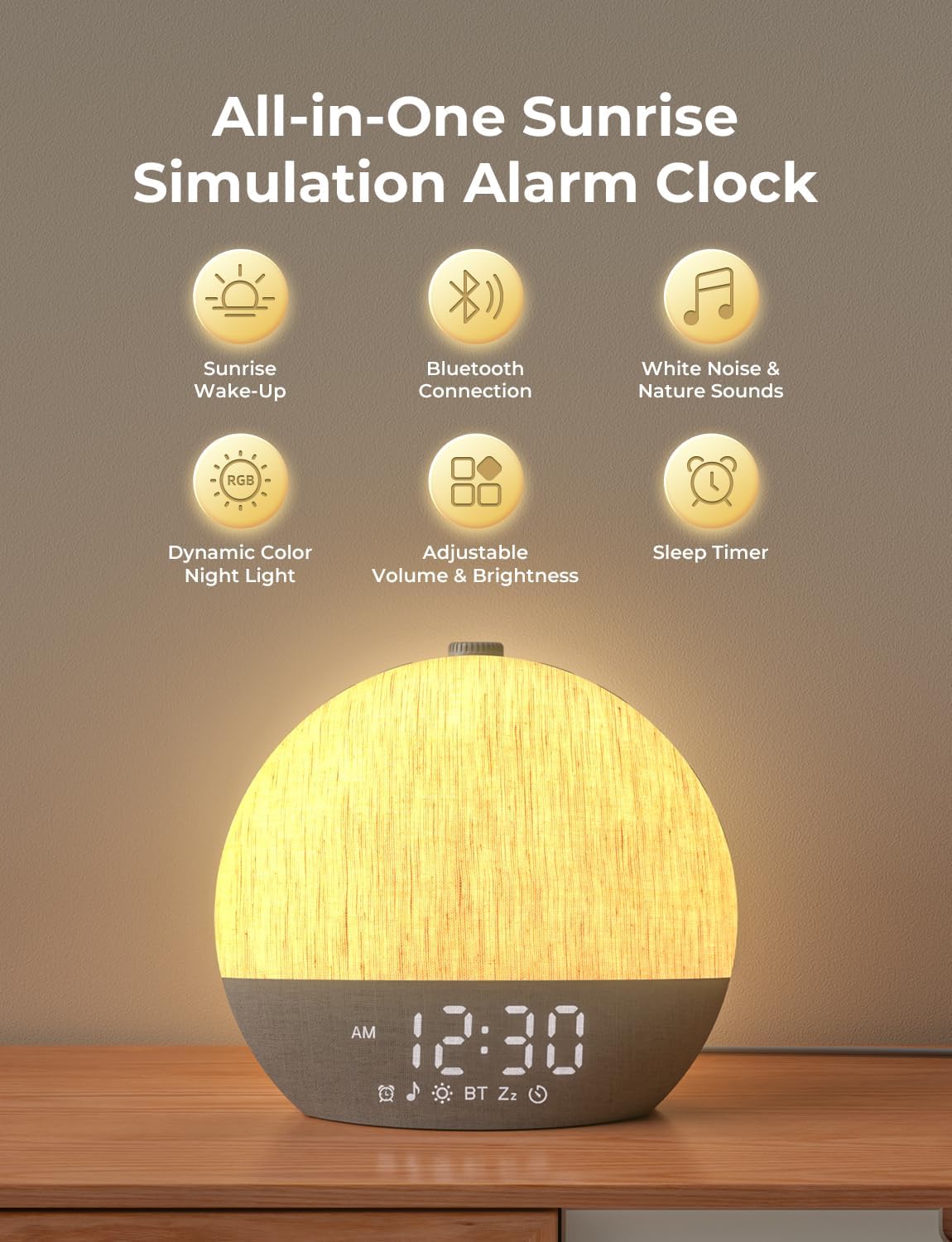 LIORQUE Wake Up Light Sunrise Alarm Clock for Bedrooms with BT Speaker | White Noise Machine with 30 Soothing Sounds, 17 Night Lights, Screen-Free, Bedside Clock for Heavy Sleepers Adults Kids