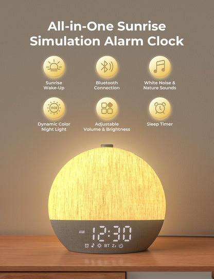 LIORQUE Wake Up Light Sunrise Alarm Clock for Bedrooms with BT Speaker