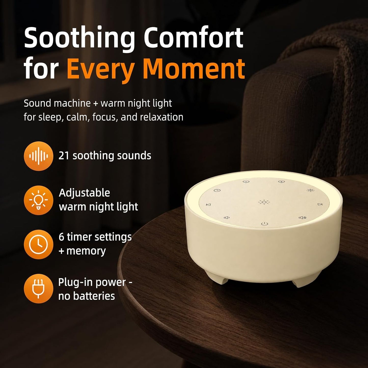 Kipcush White Noise Machine for Sleeping, Baby & Adults, High-Fidelity Non-Looping Sounds, Sleep Sound Machine with Dimmable Night Light, USB Powered, Memory Function, Home, Nursery & Travel