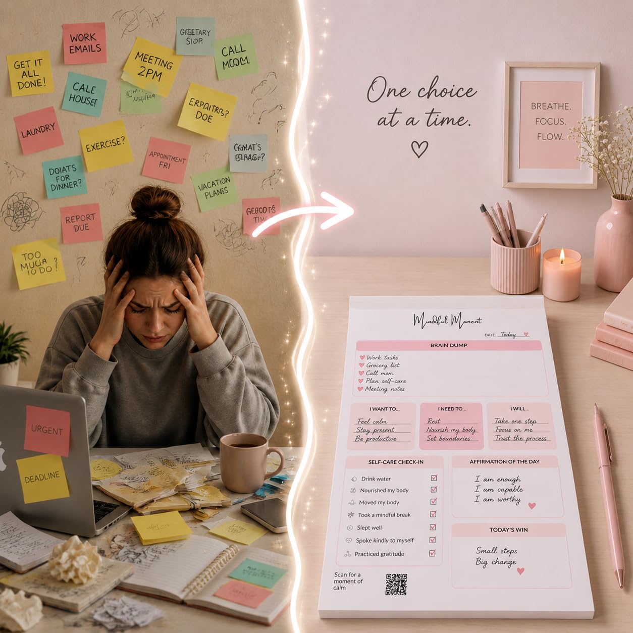 ADHD Daily Planner Notepad for Women – Brain Dump Pad, Mood Tracker & Self-Care Journal | Undated Productivity Planner for Neurodivergent Adults | 50 Tear-Off Sheets | Anxiety Relief