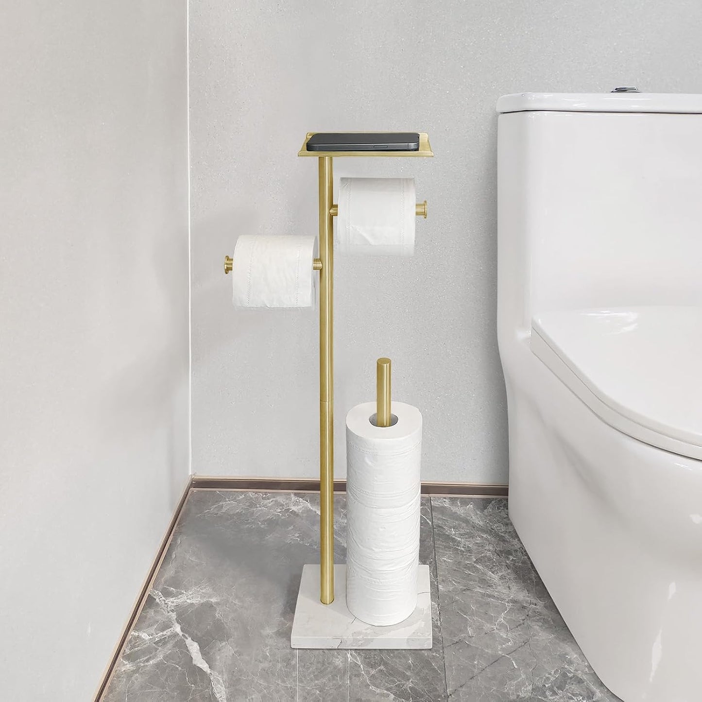 GZILA Toilet Paper Holder Stand with Shelf, Marble Base Heavy Free Standing Toilet Paper Double Roll Holders SUS304 Stainless Steel Brushed Nickel, Storages 4 Reserve Rolls Dispenser