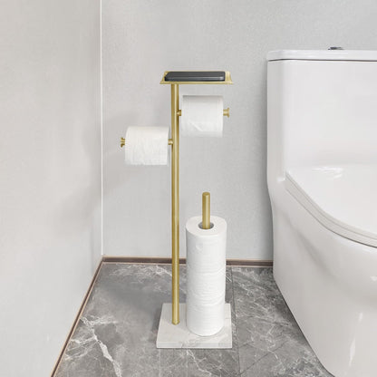 GZILA Toilet Paper Holder Stand with Shelf, Marble Base Heavy Free Standing Toilet Paper Double Roll Holders SUS304 Stainless Steel Brushed Nickel, Storages 4 Reserve Rolls Dispenser