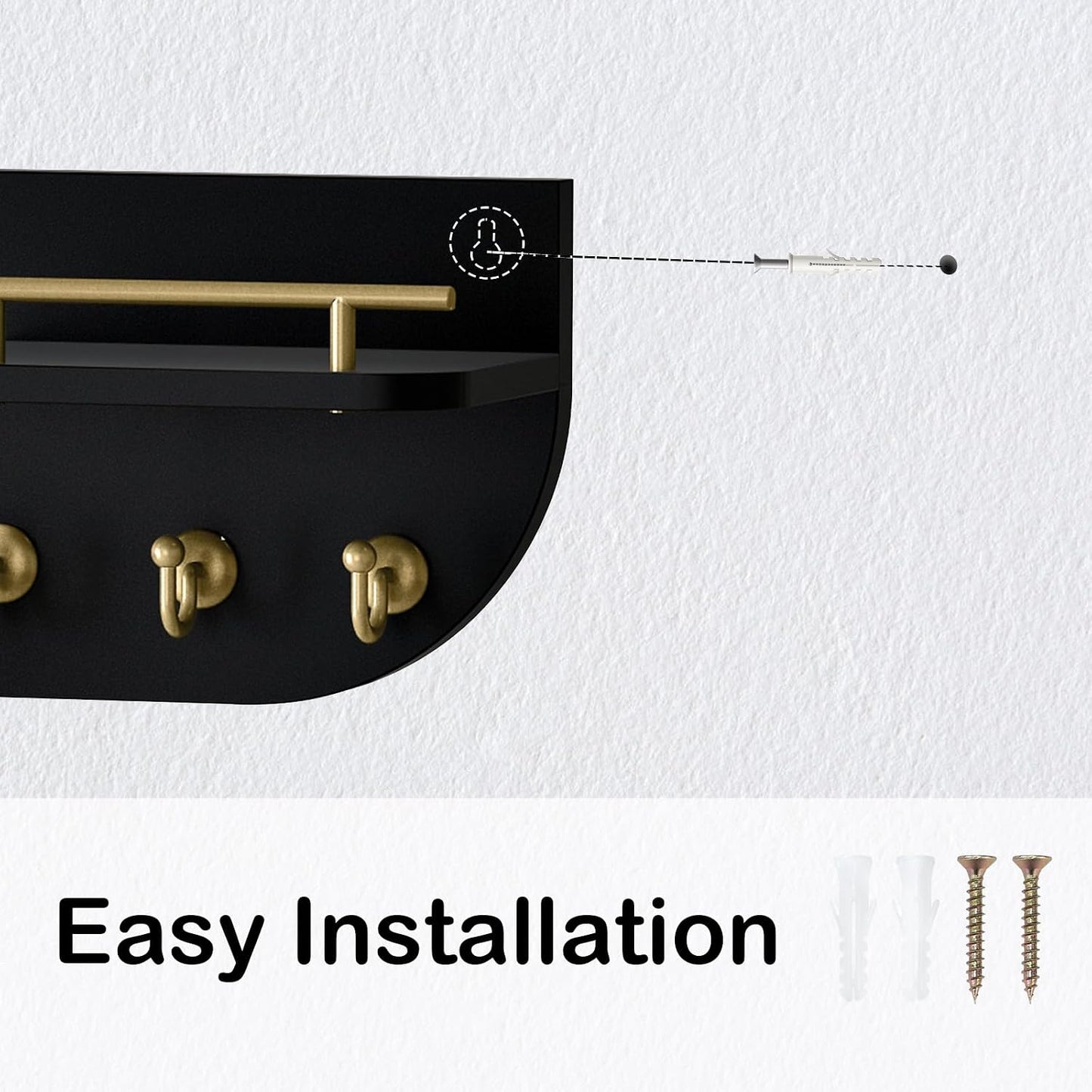 Key Holder for Wall, Decorative Key and Mail Organizer with 3 Metal Hooks and 2 Shelves, Wood Wall Mounted Key Rack for Entryway, White