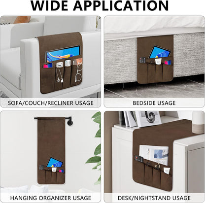 Remote Control Holder, Anti Slip Armchair Caddy Couch Caddy with 5 Pockets | Remote Holder Couch Caddy with 5 Pockets for Storage Accessories Bedside Organizer Senior Gifts (Beige,35''x12.4'')