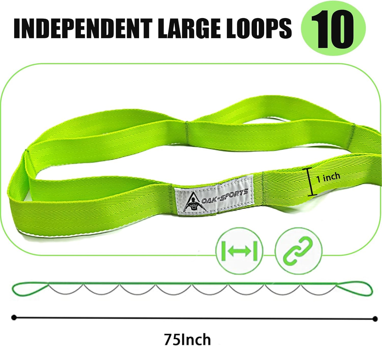 Stretching Strap Yoga Strap with Loops for Physical Therapy, Non-Elastic | 10 Loops, 75 inches length, Multi-Color Selection for Yoga Strap for Stretching, Pilates, Dance and Gymnastics