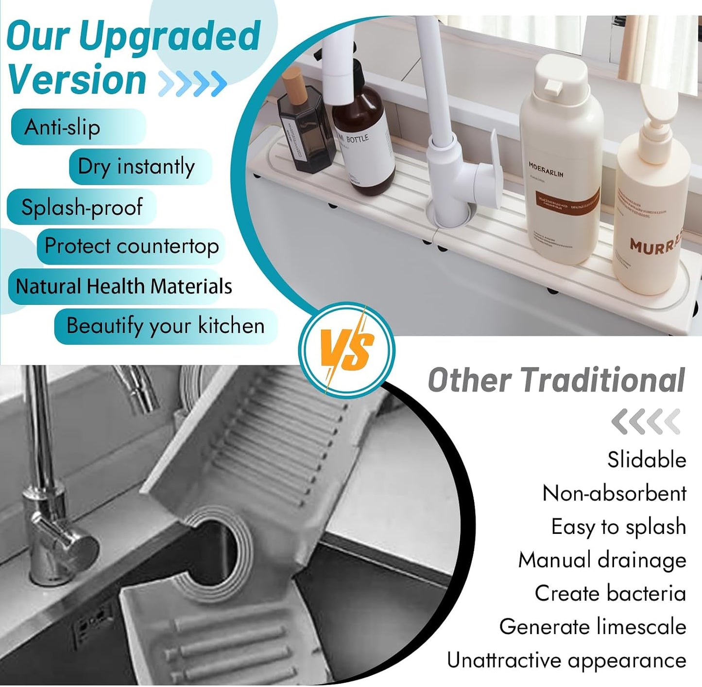 Faucet Mat for Kitchen Sink with Raised Feet, Stone Sink Mat Quick Dry around Faucet, Water Absorbent Stone Tray, Sink Splash Guard & Protectors, Stone Drying Mat for kitchen Counter