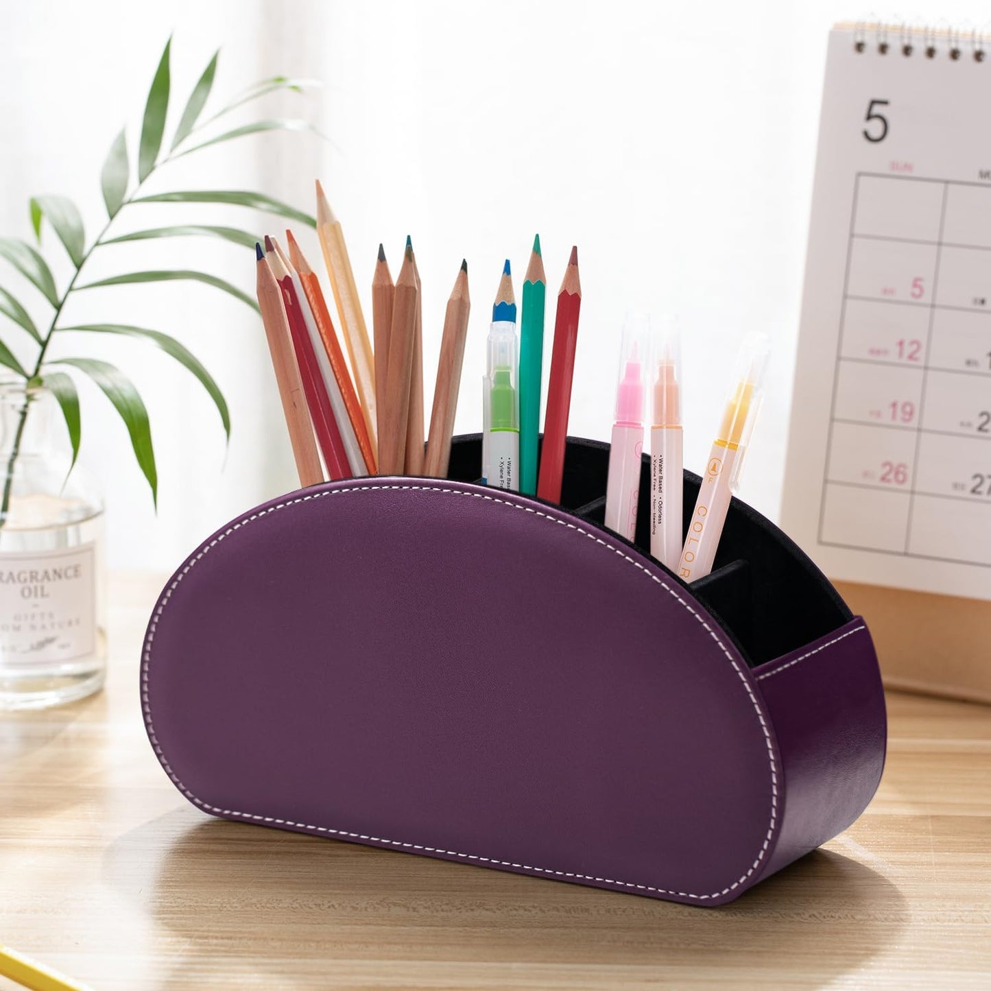 Remote Control Holders Organizer Box with 5 Compartment PU Leather Caddy | Multi-functional Office Desk Storage Caddy Store Tv Remote for Media Player,Brush,Pencil,Glassees&Office Supplies
