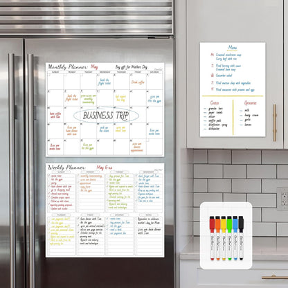 Non-Magnetic Dry Erase Calendar Set for Fridge - Reusable Monthly and Weekly Calendar Sticks to Most Smooth Surfaces - 6 Dry Erase Markers Included - Shipped Flat