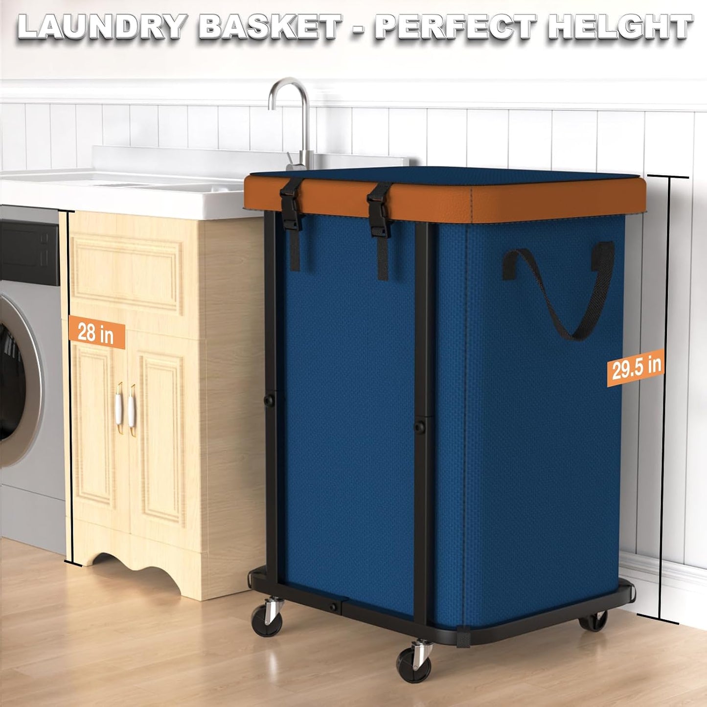 Laundry Hamper with Wheels,150L Leather Patchwork Clothes Hamper Black | Rolling Laundry Basket with Sturdy Metal Frame, Removable Washable Bag,Tall Clothes Sorter for Bedroom, Laundry Room, Dorm