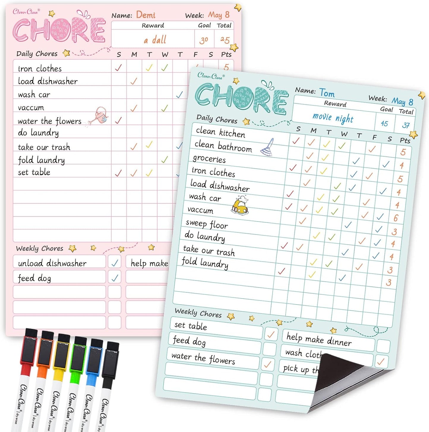 Magnetic Dry Erase Chore Chart - 8.5"x12" Behavior Responsibility Chore Board for Kids, Teenagers - 6 Extra Fine Point Markers Included - Shipped Flat 3 Pcs Blue Pink & Green