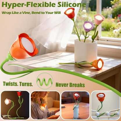 Rose Flower Lamp Rechargeable Reading Light for Bed,3-Color Modes Adjustable Brightness Small Night Light Neck Reading Light,Festival Gifts for Kids Mom Girlfriend Grandma(Orange-red)