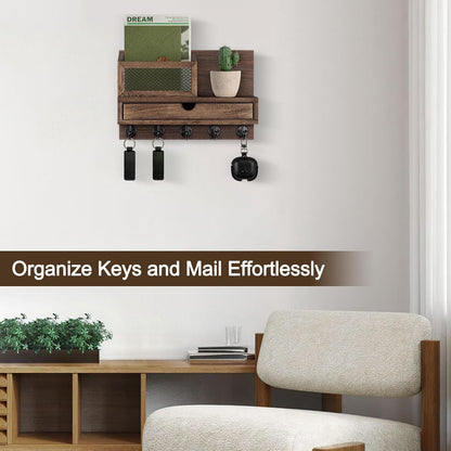 Key Holder for Wall with 5 Key Hooks and Storage Drawer | Key Holder Wall Mount, Mail Organizer for Entryway Living Room Farmhouse Home Decor