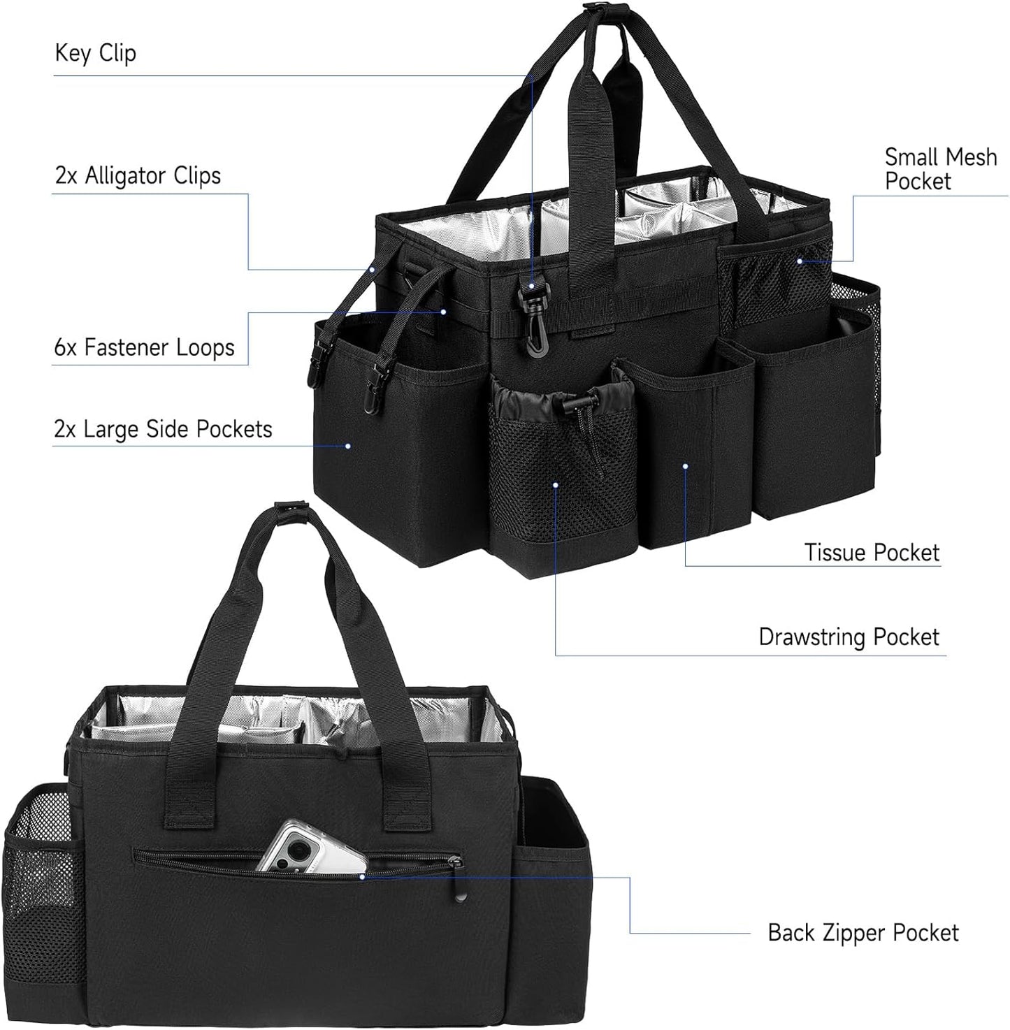 Cleaning Caddy Bag, Extra Large Cleaning Supply Bag for Housekeepers,Black | Sturdy Cleaning Caddy Organizer for Cleaning Supplies with Handle and Adjustable Shouder Strap, Easy to Clean Design