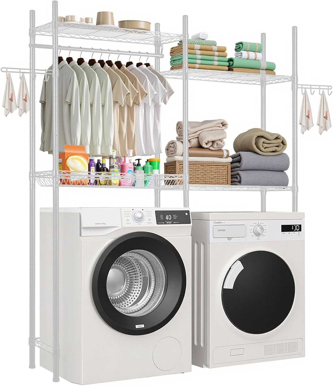 VEVOR Over The Washer and Dryer Storage Shelf, 3 Tier Laundry Room Drying Rack with Hanger Rod and Hooks, Adjustable Over Washer and Dryer Shelves, Laundry Room Shelf Storage Space Saver, White