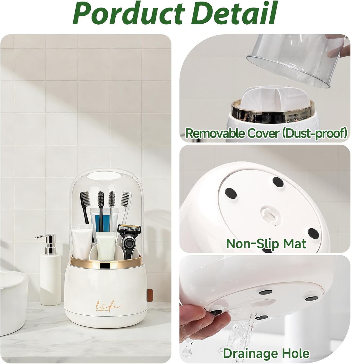 360 Rotating Toothbrush Holders for Bathrooms, 7-Slot Toothbrush Holder with Cover & Drainage, Bathroom Countertop Organizer for Electric Toothbrushes, Toothpaste & Makeup Brushes