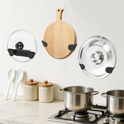 Adjustable Pot Lid Holder for 6" to 14" Lids, White 4 Pack | Pan Lids Organizers, No Drilling Required & Detachable, Sticky Wall Mounted Lid Storage for Kitchen Wall, Cabinets & Door