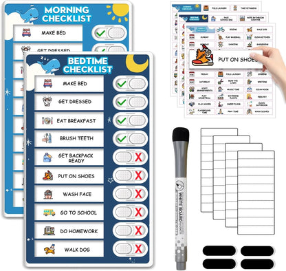 2 in 1 Upgraded Slider Morning/Bedtime Routine Chart for Kids Toddlers - Magnetic Kids Chore Chart for 2 Kids, Dry Erase Chore Chart for Kids, Visual Schedule for Kids with Cute Chore Stickers