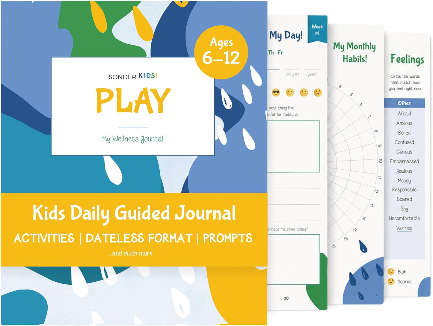 Sonder Kids Wellness Gratitude Journal - Kids Journal for Girls and Boys, Hands-On Activities like Crosswords, Coloring and Nature Prompts, Undated, Ages 6-12, 56 pages