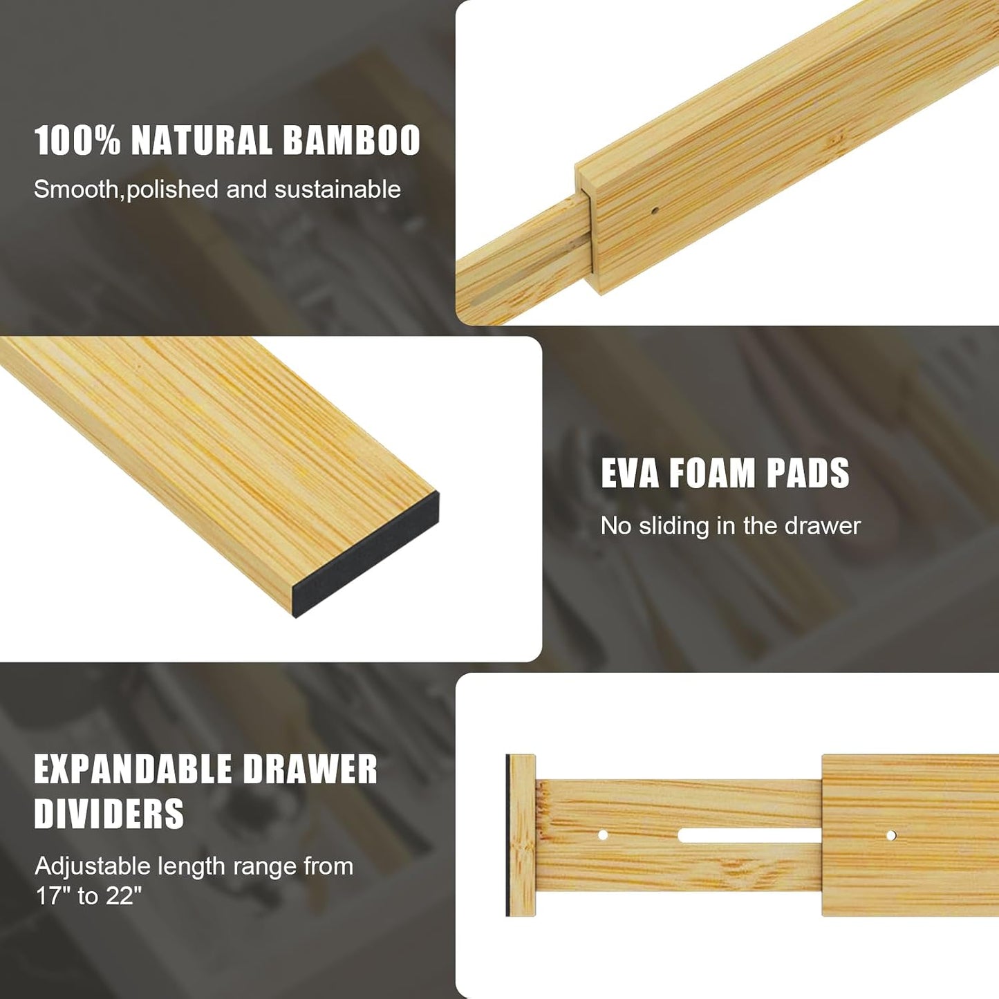 Bamboo Drawer Dividers, Adjustable Drawer Organizers, Fits 12.6–16" Drawers | 2.5" High, 4 Pack Expandable Drawer Separators for Kitchen, Nursery, Dressers & Office Storage, Natural