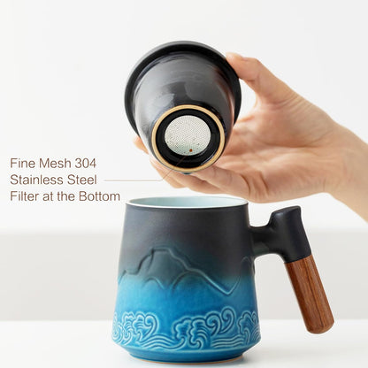 ZENS Tea Mug with Infuser and Lid for Loose Leaf Tea Steeper, 16.9oz Moss | Embossed Ceramic Tea Cup with Infuser for Herbal Tea Difussers, Tea Lovers Gifts, Nature Wood Handle