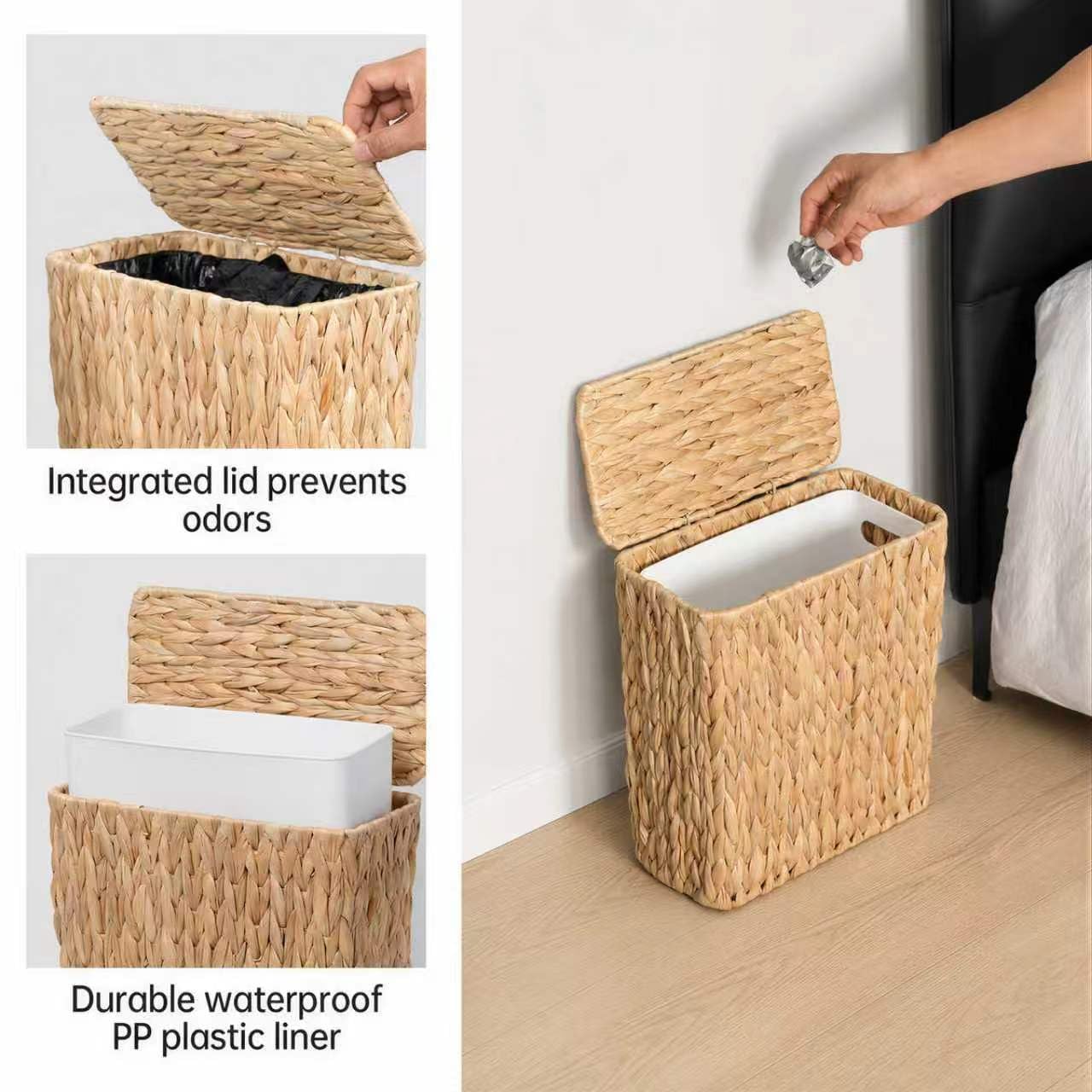 Coeusy 3 Gallon Wicker Trash Can,Small Bathroom Trash Can with Lid,Natural Water Hyacinth Wicker Waste Basket for Bedroom,Toilet,Narrow Garbage Can with Removable Liner