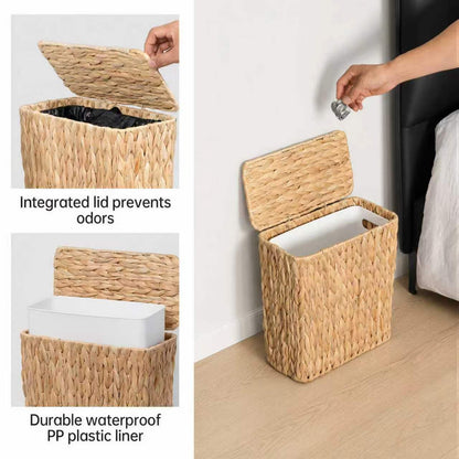 Coeusy 3 Gallon Wicker Trash Can,Small Bathroom Trash Can with Lid,Natural Water Hyacinth Wicker Waste Basket for Bedroom,Toilet,Narrow Garbage Can with Removable Liner