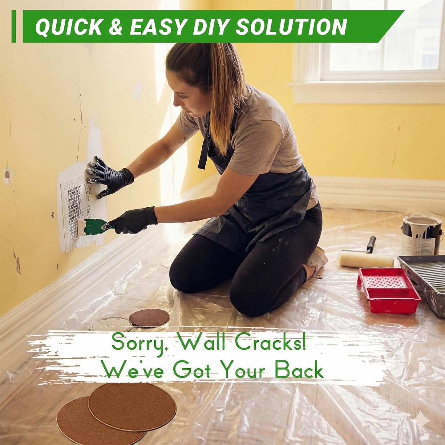 12 x 12 Inch Drywall Repair Kit – 4 Pcs Large Drywall Patch for Wall & Ceiling Holes, Heavy-Duty Aluminum Self-Adhesive Mesh, Includes Plastic Drop Cloths, Scrapers, Sandpaper & Gloves - Quick Fix