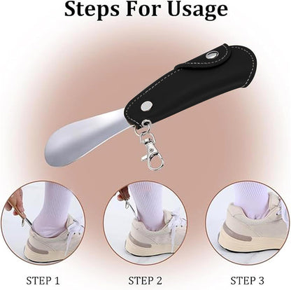 Metal Shoe Horn with Holster, 1 Pc Foldable Shoe Horn with Keychain, Travel Mini Stainless Steel Shoe Spoon