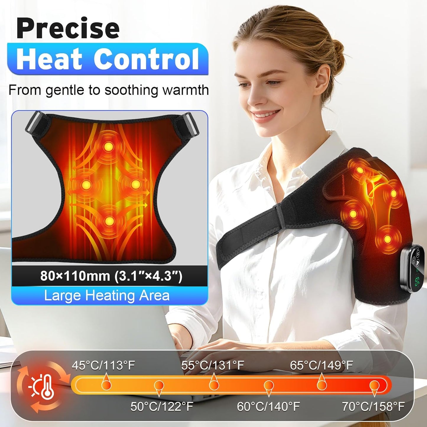 Cordless Shoulder Heating Pad with Massage for Pain Relief Deep Tissue | Enlarged Shoulder Massager, 5 Temperature and 3 Timer Settings, 5 Massage Modes Heated Shoulder Wrap for Women and men