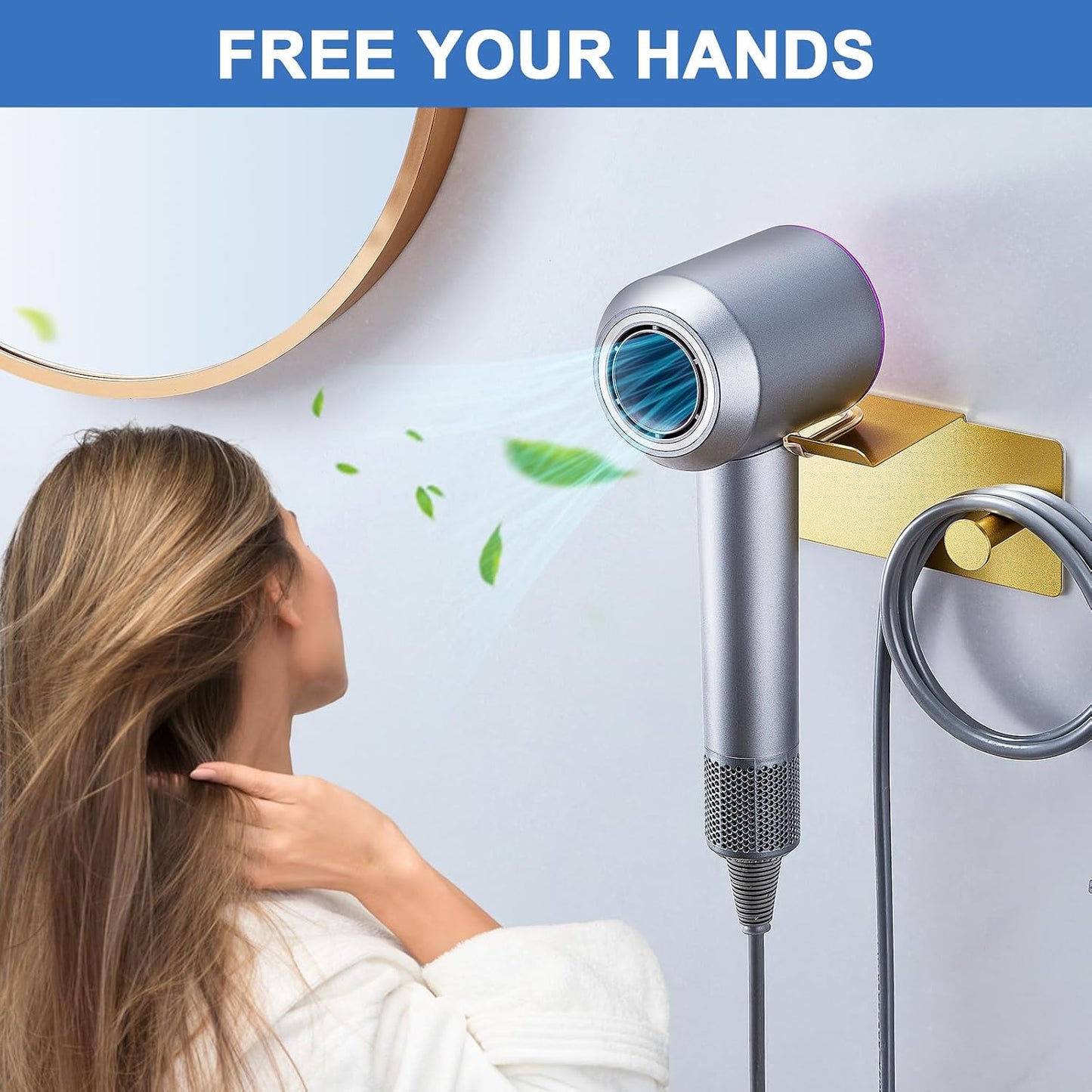 Hair Dryer Holder Wall Mounted, Blow Dryer Holder Adhesive, Metal Hairdryer Holder for Bathroom, Hair Tool Organizer with Plug&Cord for Cabinet Bathroom Bedroom Barber Shops (Rose Gold)