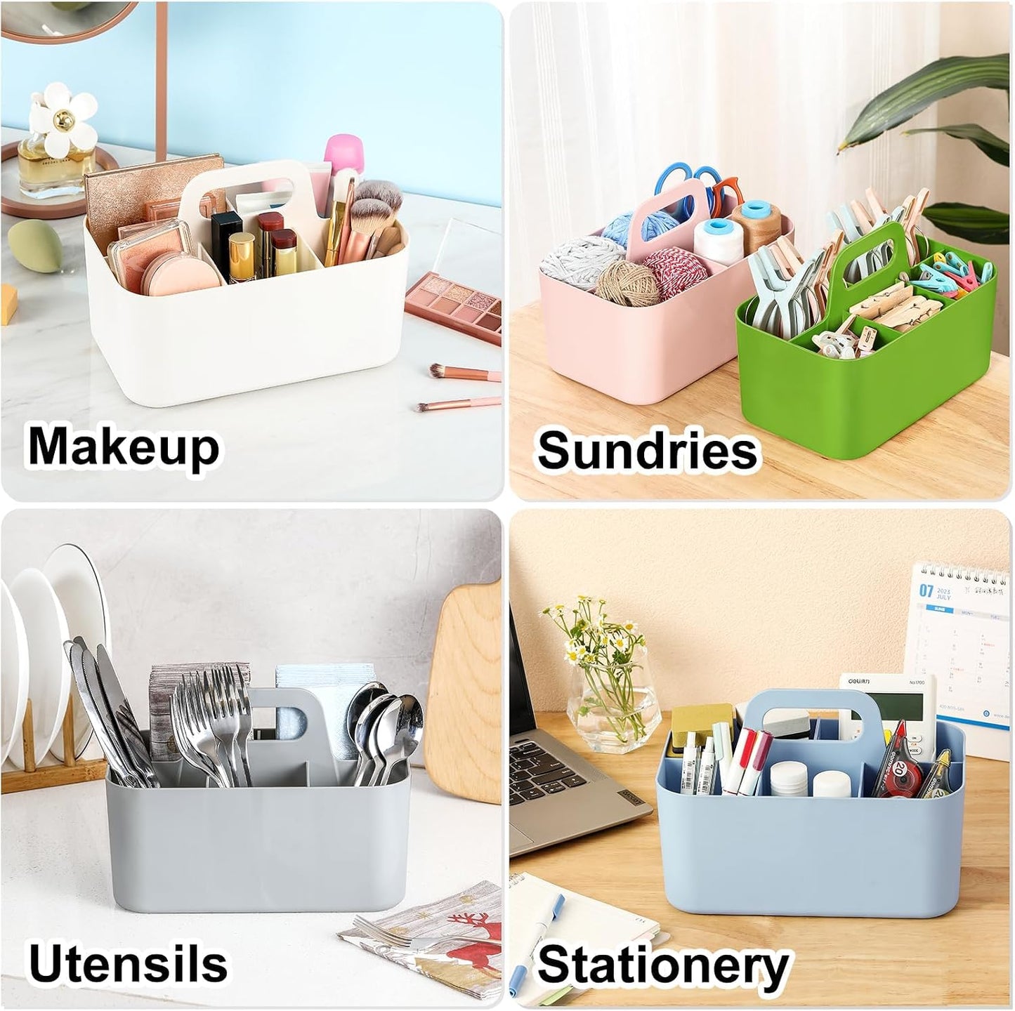 Multiuse Caddy Organizer with Handle, Portable Divided Plastic Tote Bin - Art Craft, Stationary Pen Marker Crayons, Makeup Hair Supplies Storage - Bathroom, Classroom, Dorm, Office, Desk Holder - Grey