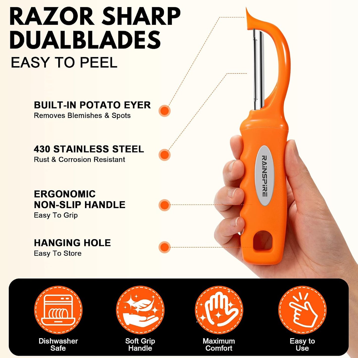 Rainspire Vegetable Peeler Potato Peelers for Kitchen, Sharp Stainless Steel Blades Veggie, Comfortable Handle Fruit Peeler, Carrot Peeler Apple Peeler Dishwasher Safe Black, 1-Pack
