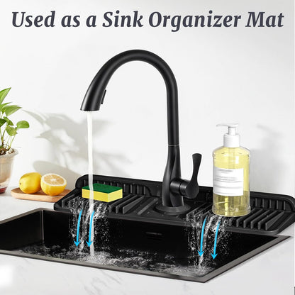 PoYang 24 Inch Faucet Mat for Kitchen Sink Splash Guard, Silicone, Black | Sink Protectors with 7° Slope for Smooth Drainage, Snap Button Holds It in Place, 90° Foldable & Cuttable Hole Fit Most Sinks