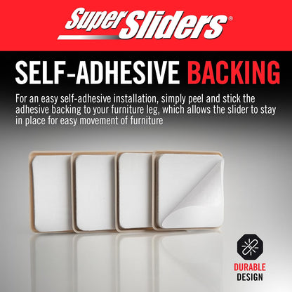 Super Sliders 2-1/2" Self-Stick Square Furniture Sliders for Carpet and Hard Surfaces, Anti-Slip Adhesive Furniture Moving Pads for Beds, Sofas, Dressers, Set of 4, Beige