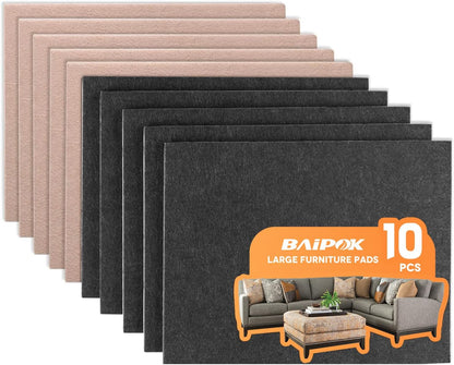 Felt Furniture Pads 10pcs 8" x 6" Adhesive Large Felt Pads, Cuttable | Chair Leg Pads, Hardwood Floor Protectors for Furniture, Black