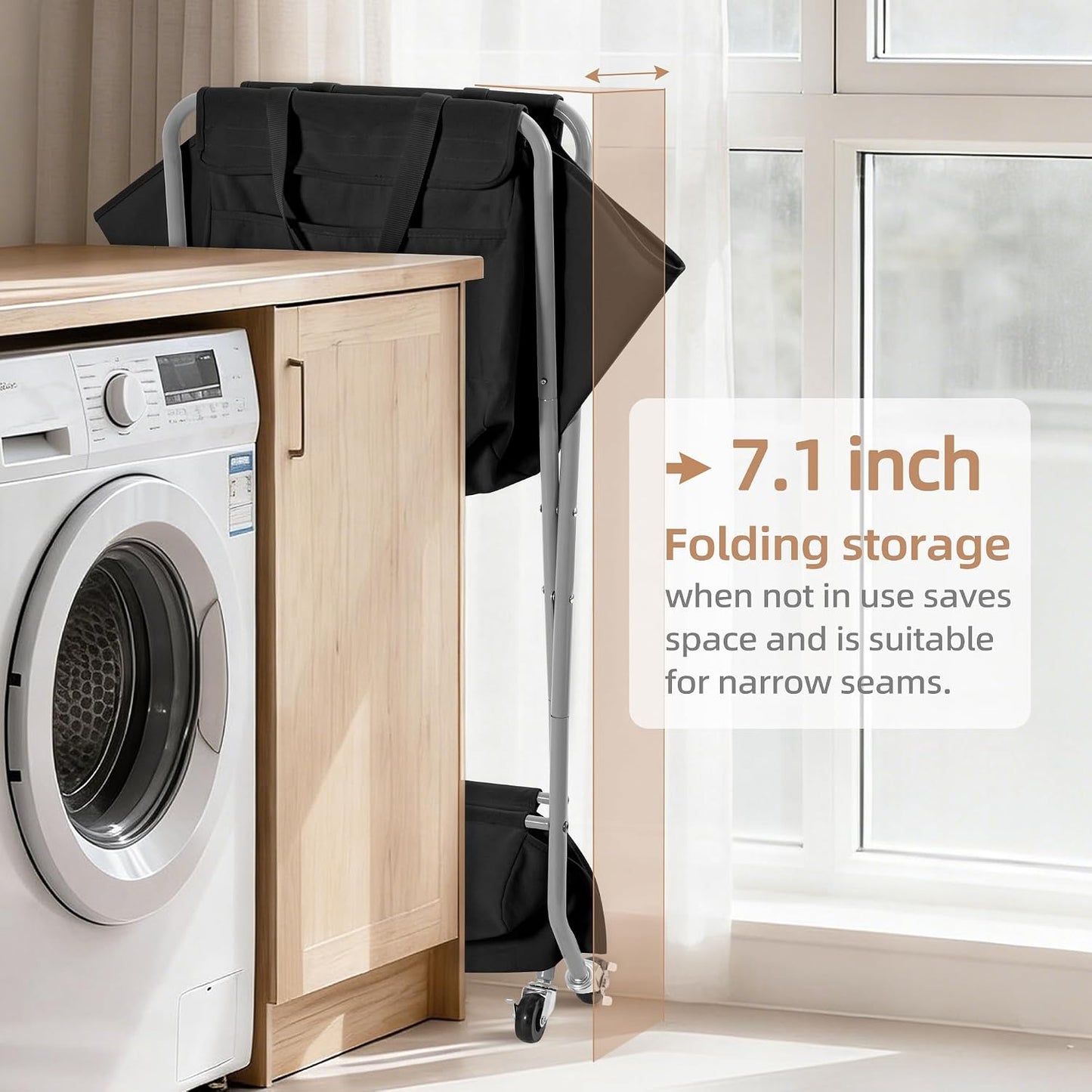 STORAGE MANIAC Collapsible Laundry Cart with Wheels 35.6"H Removable Canvas Bag Rolling Laundry Hamper Clothes Basket with Wheels, Sturdy Steel Frame Folding for Small Narrow Space Easy Storage, Beige
