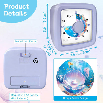 Kids Visual Timer 60 Minute – Countdown Clock for Homework, Kitchen Timer for Cooking, Silent Mini Timer with Cute Mermaid Shell Pattern, Gift Timers for Kids Focus & Daily Routines, Purple