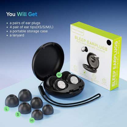 52dB Ear Plugs for Sleeping Noise Reduction Earplugs for Snoring with Case | Soft Silicone Earplugs for Side Sleepers Concerts Airplane Hotel, Noise Cancelling Ear Plugs (XS/S/M/L) 4 Size Reusable