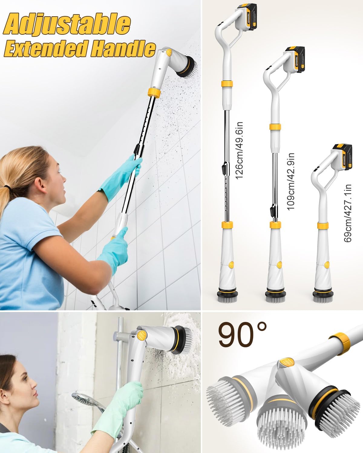 Qimedo 1500 RPM Electric Spin Scrubber with Two Batteries Q2 Pro, Cordless Battery Powered Shower Scrubber,Electric Tile Floor Scrubber with Display for Grout/Tile/Tub (Effortless Handle/8 Brushes)