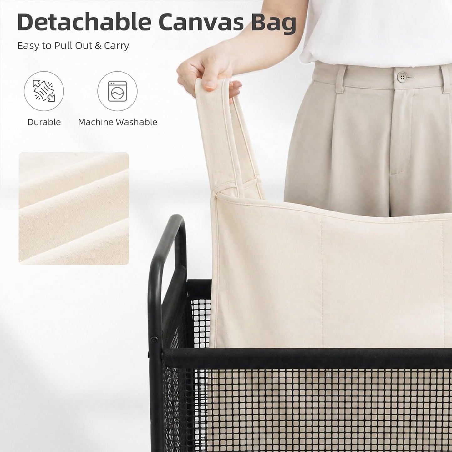 STORAGE MANIAC Rolling Laundry Hamper with Wheels 2-Section Laundry Sorter Rolling Laundrys Basket on Wheels with Removable Bag Clothes Hamper Laundrys Organizer Cart Bathroom Bedroom 100L Beige